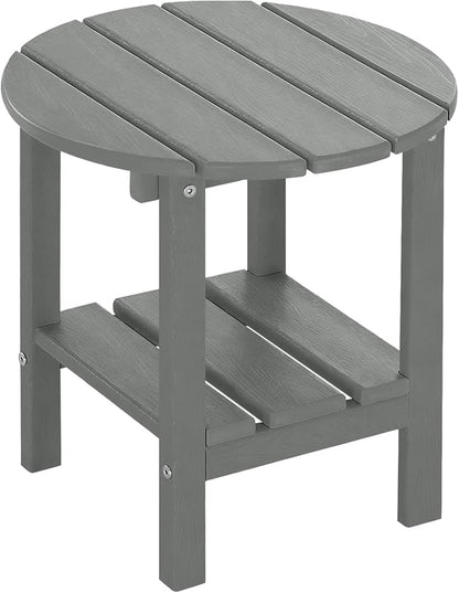 Outdoor Side Table Round - Patio Side Tables - HDPE Small Outdoor End Table for Backyard Pool Porch Balcony - Double Layer Storage - Dark Gray (Wood Grain Finish)