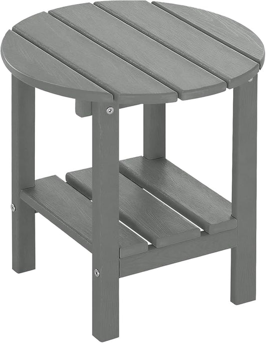 Outdoor Side Table Round - Patio Side Tables - HDPE Small Outdoor End Table for Backyard Pool Porch Balcony - Double Layer Storage - Dark Gray (Wood Grain Finish)
