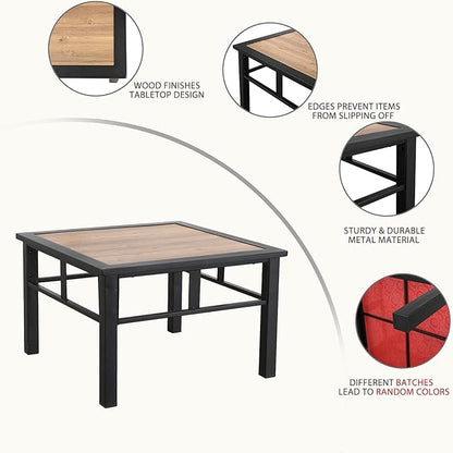 Festival Depot Patio Coffee Table Square Metal Table with Wood Grain Tabletop All Weather Outdoor Furniture for Deck Porch Garden (25.2" x 25.2" x 16.5")