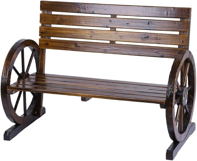 Patio Garden Wooden Wagon Wheel Bench, Rustic Wood Design Outdoor Wagon Wheel Bench Outdoor Furniture Decor (Tan Color)