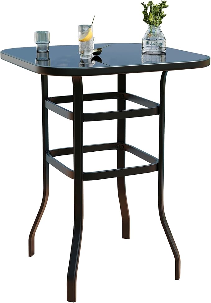 31.5 Inch Outdoor Patio Bar Table with Tempered Glass Top, Square High Top Pub Table All Weather Metal Frame for Balcony, Backyard, Poolside, Garden Furniture