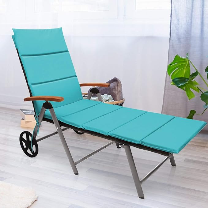 COSTWAY Folding Rattan Lounge with Wheels, Aluminum Patio Lounger with 7 Adjustable Positions, Soft Cushion - Photo 4