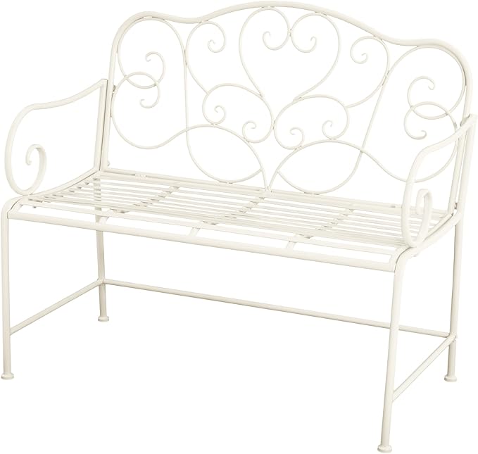 roomfitters Vintage Metal Garden Bench, Elegant Scrollwork Design, Weather-Resistant Outdoor Loveseat, Antique White