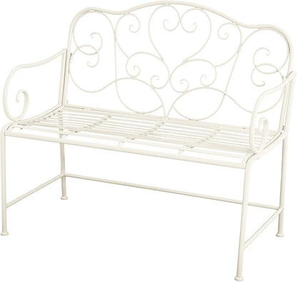 Outdoor Garden Bench, Iron Frame Patio Bench Furniture with Floral Design Backrest for Lawn, Park, Deck, White