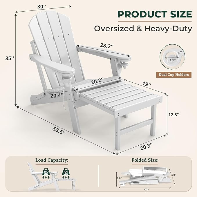 BRIOPAWS Adirondack-Chair-with-Pull-Out-Footrest | Folding | HDPE Plastic | Fire Pit Chairs | All Weather | Cup Holders | Curved Back | Retractable Ottoman | for Outdoor Deck Poolside | White