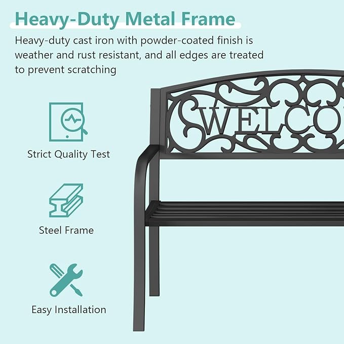 50 Inches Outdoor Garden Bench, Outside Bench with Anti-Rust Steel Metal Frame ＆ Non-Slip Legs, Patio Bench with Floral Pattern Backrest (Welcome)