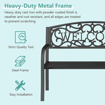 50 Inches Outdoor Garden Bench, Outside Bench with Anti-Rust Steel Metal Frame ＆ Non-Slip Legs, Patio Bench with Floral Pattern Backrest (Welcome)