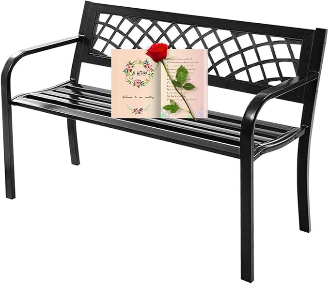Patio Bench - Outdoor Metal Garden Bench with Armrests, 480lbs, Cast Iron, Sturdy Steel Frame, Black