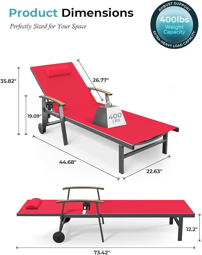 Ciokea Outdoor Lounge Chair with Pillow Set of 2, 5-Position Aluminum Chaise Lounge with Wheels & Armrests - Photo 2