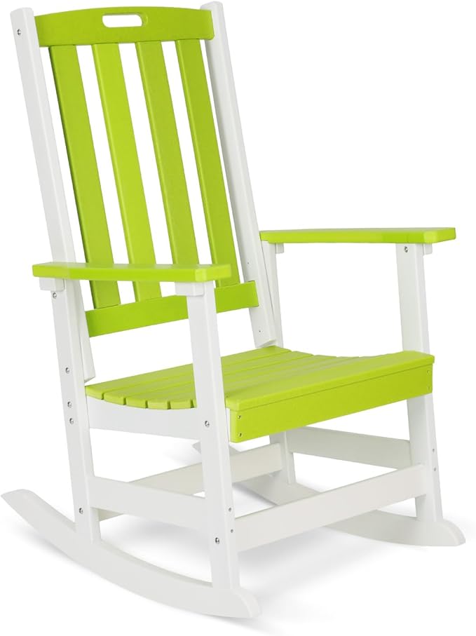 Aoodor Outdoor Rocking Chair, Ergonomic HDPE Rockers with All-Weather Design for Patio or Porch, Clashing Colors, Lemon Green and White