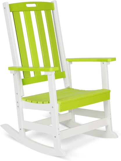 Aoodor Outdoor Rocking Chair, Ergonomic HDPE Rockers with All-Weather Design for Patio or Porch, Clashing Colors, Lemon Green and White