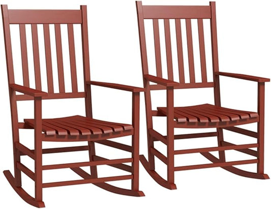 2Pcs Wooden Rocking Chairs, Wood Classic Slatted Patio Porch Rockers for Porches, Backyards, Poolside Balconies, Decks(Red)