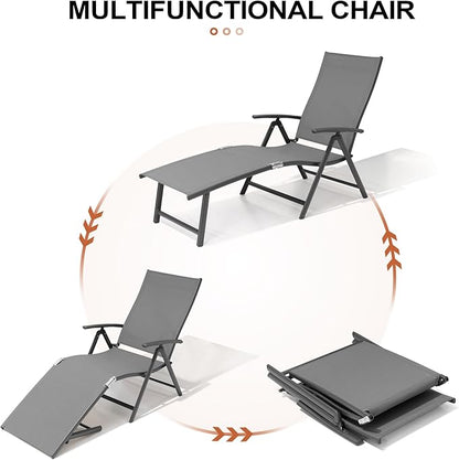 Crestlive Products Chaise Lounge Chair Outdoor Set of 2, Aluminum Folding Patio Recliner Chair, Adjustable 8 Positions Assemble-Free Perfect for Beach, Yard, Pool, Deck