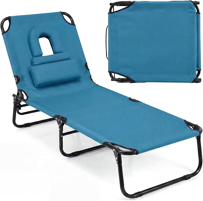 Tangkula Beach Lounge Chair, Folding Sunbathing Recliner with Face Hole, Face Down Tanning Chair with 4-Level Adjustable Backrest & 3 Removable Pillows, Chaise Lounge Chair for Patio (1, Blue)