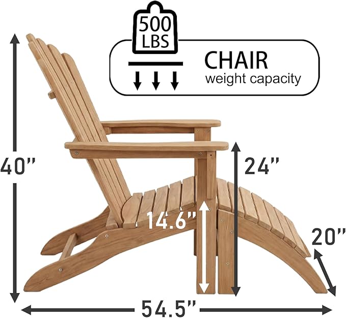 Outdoor Wooden Adirondack Chair with Footrest, All-Weather Teak Leisure Line Modern Adirondack Chair Suitable for Patio Lawn Garden Terrace Poolside Firepit Deck