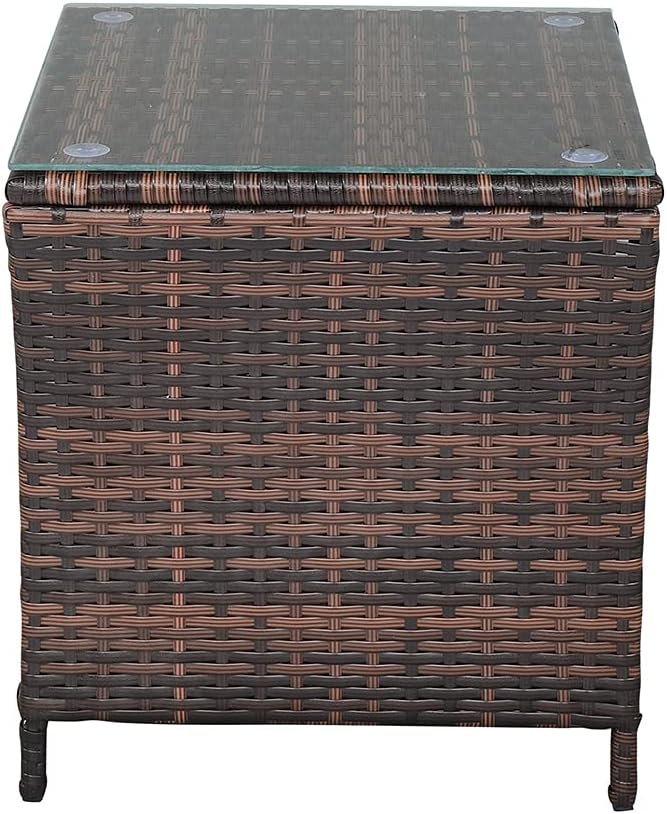 Henf Wicker Rattan Side Table Outdoor Square End Table Coffee Table with Glass Top, Patio Wicker Garden Side Table Small End Table with Storage for Patio Courtyard Balcony (Brown)