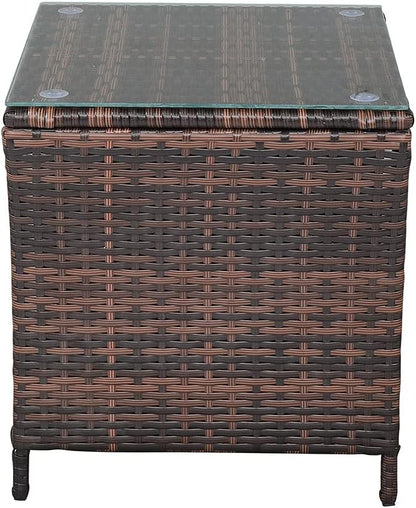 Henf Wicker Rattan Side Table Outdoor Square End Table Coffee Table with Glass Top, Patio Wicker Garden Side Table Small End Table with Storage for Patio Courtyard Balcony (Brown)