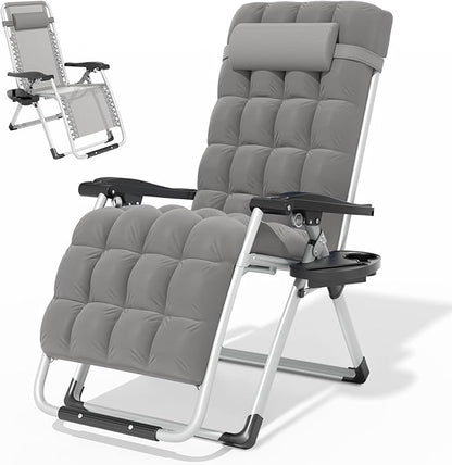 Magshion Zero Gravity Chair with Cushion, Reclining Outdoor Patio Lounge Chair, Folding Indoor Anti Gravity Recliner, Portable Lounger with Removable Cup Holder Side Tray and Pillow Headrest (Grey)