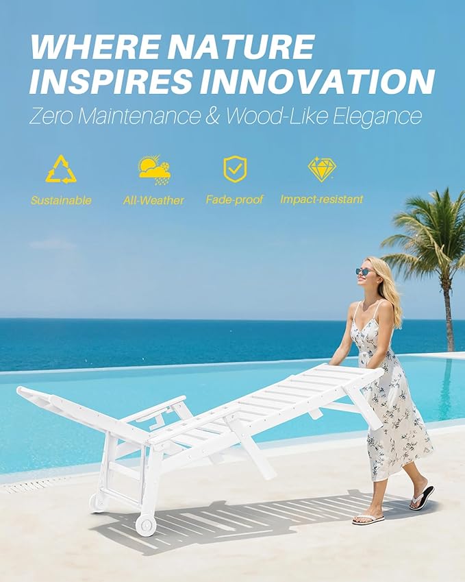 HDPE Patio Chaise Lounge Chair, 78.4'' Adjustable Outdoor Lounger, 5 Positions Poly Lounge Chair with Wheels & Cup Holder, HDPE Outdoor Patio Lounge Chairs for Backyard, Deck, Beach, Pearl