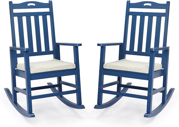 VINGLI Outdoor Rocking Chair, Heavy Duty 450 lbs Poplar Wooden Rocking Chair with High Backrest Design, Come with a Cushion, All-Weather Lounge Rocker Support for Garden, Deck (Navy Blue, 2 PCS)