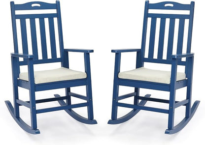 VINGLI Outdoor Rocking Chair, Heavy Duty 450 lbs Poplar Wooden Rocking Chair with High Backrest Design, Come with a Cushion, All-Weather Lounge Rocker Support for Garden, Deck (Navy Blue, 2 PCS)