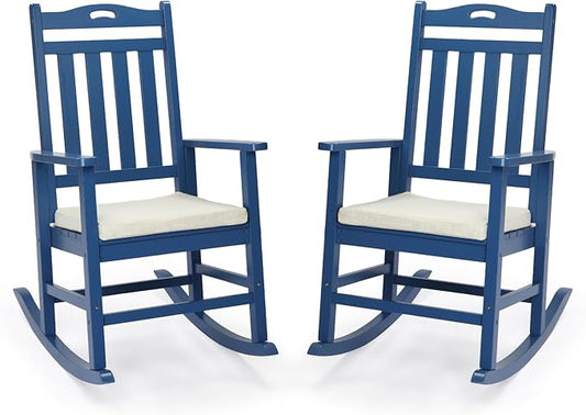 VINGLI Outdoor Rocking Chair, Heavy Duty 450 lbs Poplar Wooden Rocking Chair with High Backrest Design, Come with a Cushion, All-Weather Lounge Rocker Support for Garden, Deck (Navy Blue, 2 PCS)
