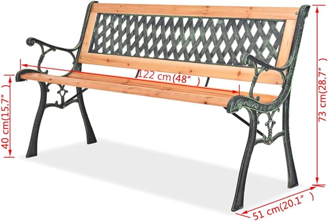 Garden Bench with Geometric Backrest and Solid Wood Seat, 48.0 Inches Long, Brown Wood and Black Wrought Iron Construction for Outdoor Patio or Garden Seating, Durable PVC