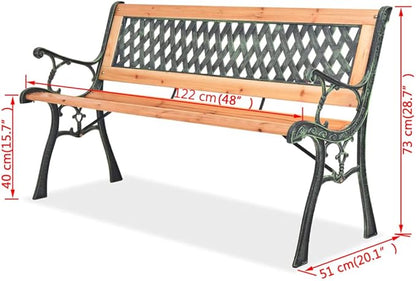 Garden Bench with Geometric Backrest and Wood Seat, 48.0 Inch Long for Two Adults, Brown Black Wrought Iron PVC Standard Outdoor Furniture for Patio