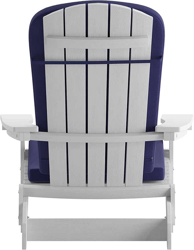 Flash Furniture Charlestown Folding Adirondack Chairs Poly Resin Frame-All-Weather Cushions-Indoor/Outdoor Use, Set of 2, White/Blue