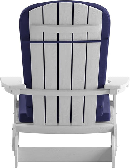 Flash Furniture Charlestown Folding Adirondack Chairs Poly Resin Frame-All-Weather Cushions-Indoor/Outdoor Use, Set of 2, White/Blue