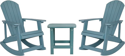 Flash Furniture Set of 2 Savannah Adirondack Rocking Chairs - Commercial Grade All-Weather Sea Foam Poly Resin Wood - Matching Side Table