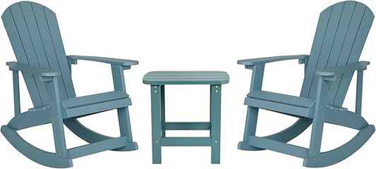 Flash Furniture Set of 2 Savannah Adirondack Rocking Chairs - Commercial Grade All-Weather Sea Foam Poly Resin Wood - Matching Side Table