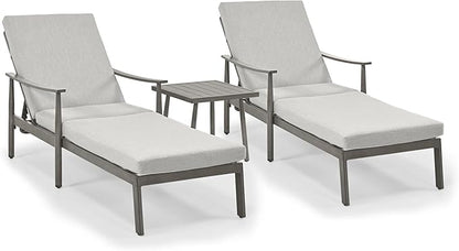 HAPPATIO Outdoor Chaise Lounge Set of 3, Aluminum Pool Chair with Adjustable Backrest and Cushion, Curved Armrest, Outdoor Lounge Chairs with Side Table for Beach, Yard, Poolside (Grey)