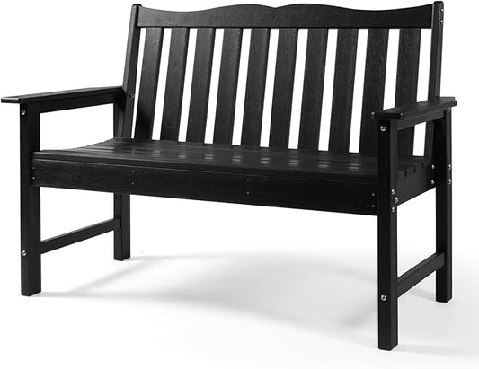 Backyard Expressions Poly Patio Bench (800 Lb Capacity) – Weatherproof Outdoor Bench, Low Maintenance, Heavy-Duty Recycled Material – Ideal for Porch, Patio & Park (Black Woodgrain Look)
