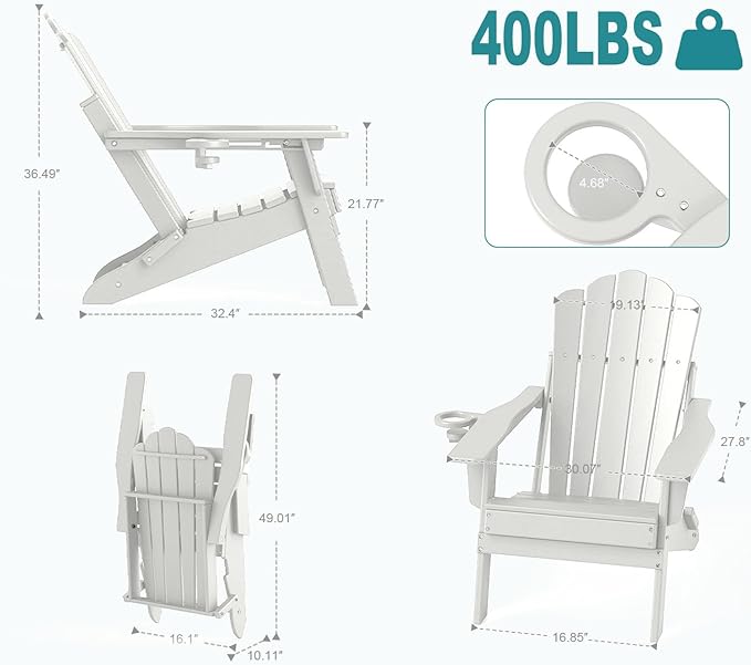 FOOWIN HDPE Adjustable Adirondack Chair, 400lbs Heavy Duty Folding Patio Chair with Cup Holder, 3-Position Reclining Fire Pit Seating, All-Weather Poly Lumber for Backyard, Deck - White