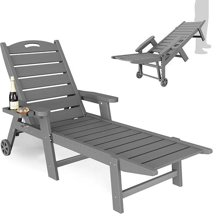 UDPATIO Outdoor Chaise Lounge Chair, HDPE Patio Lounge Chairs for Outside with Wheels & Cup Holder, Reclining Seating with 5 Position for Poolside Deck Garden Indoor,Grey,1PC