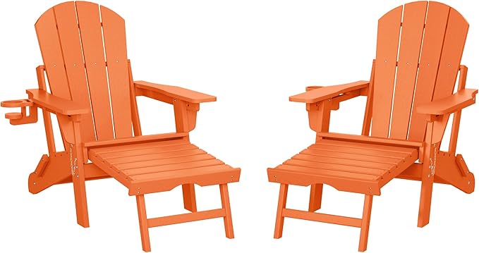 WestinTrends Malibu Folding Adjustable Adirondack Chair with Retractable Ottoman and Cup Holder (Set of 2), Orange