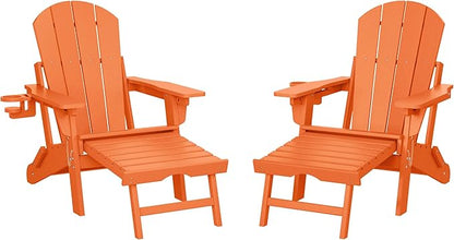 WestinTrends Malibu Folding Adjustable Adirondack Chair with Retractable Ottoman and Cup Holder (Set of 2), Orange
