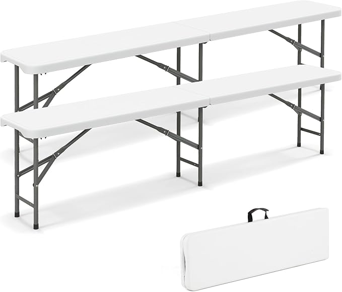 Giantex 6 FT Plastic Folding Bench, HDPE Portable Seat w/Metal Legs, Fold-in-Half Outdoor Bench for Picnic, Garden, Camping, Party Sport Events, 1320 lbs Capacity, No Assembly (2, White)