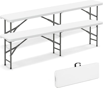 Giantex 6 FT Plastic Folding Bench, HDPE Portable Seat w/Metal Legs, Fold-in-Half Outdoor Bench for Picnic, Garden, Camping, Party Sport Events, 1320 lbs Capacity, No Assembly (2, White)