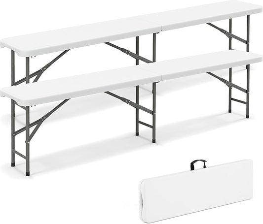 Giantex 6 FT Plastic Folding Bench, HDPE Portable Seat w/Metal Legs, Fold-in-Half Outdoor Bench for Picnic, Garden, Camping, Party Sport Events, 1320 lbs Capacity, No Assembly (2, White)