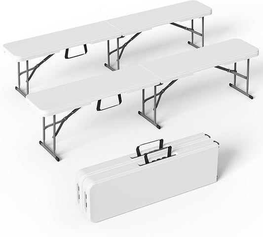 6 Foot Folding Bench, Portable Plastic Folding Bench Seat, Foldable Seat for Indoor Outdoor Picnic Camping Dining, Soccer Garden Multipurpose Entertaining Activities, White, 2 Pack