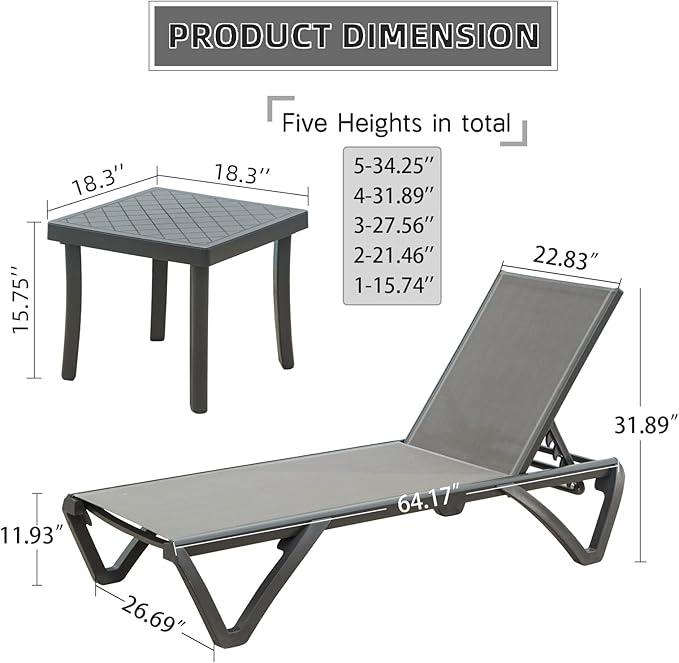 Domi Patio Chaise Lounge Chair Set of 3, Outdoor Aluminum Polypropylene Sunbathing Chair with 5 Adjustable Position - Photo 2
