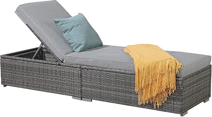 Patiorama Outdoor Patio Chaise Lounge Chair, Elegant Reclining Adjustable Pool Rattan Chaise Lounge Chair with Light Grey Cushion, Grey PE Wicker, Steel Frame