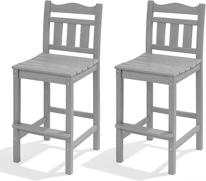 Outdoor Bar Stools Set of 2, HDPE Tall Adirondack Bar Chairs 27.5 Inch Seat Height w/Backrest, All Weather Patio Bar Height Chairs for Bistro Balcony Deck Poolside (Slate Grey)