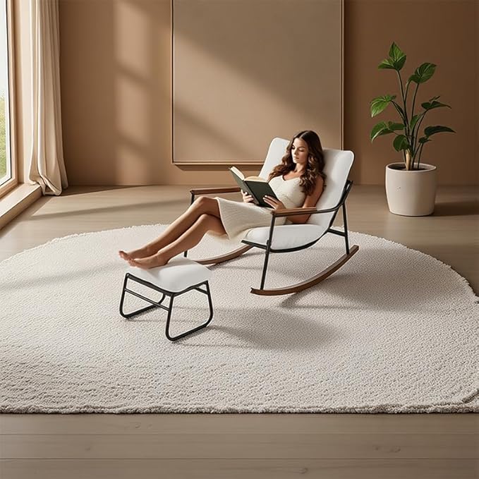 Comfortable Glider Rocking Chair with Footrest, Reclining Lounge Chair with Soft Cushions, High Back and Armrests, Indoor & Outdoor Patio Rocker for Living Room, Bedroom or Office, White