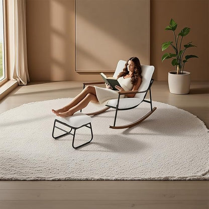 Comfortable Glider Rocking Chair with Footrest, Reclining Lounge Chair with Soft Cushions, High Back and Armrests, Indoor & Outdoor Patio Rocker for Living Room, Bedroom or Office, White