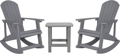 Flash Furniture Set of 2 Savannah Adirondack Rocking Chairs - Commercial Grade All-Weather Gray Poly Resin Wood - Matching Side Table