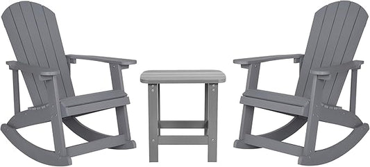 Flash Furniture Set of 2 Savannah Adirondack Rocking Chairs - Commercial Grade All-Weather Gray Poly Resin Wood - Matching Side Table