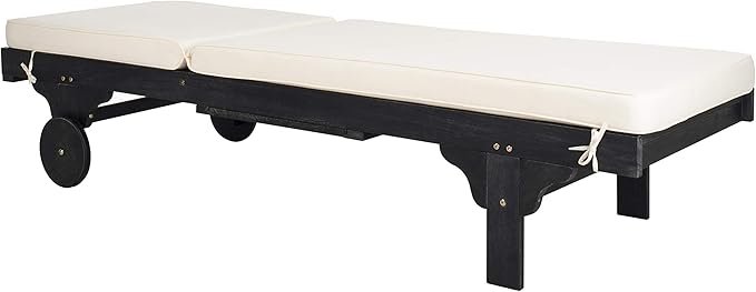 SAFAVIEH Outdoor Collection Newport Black/ Beige Cushion Built-in Side Table Adjustable Chaise Lounge Chair